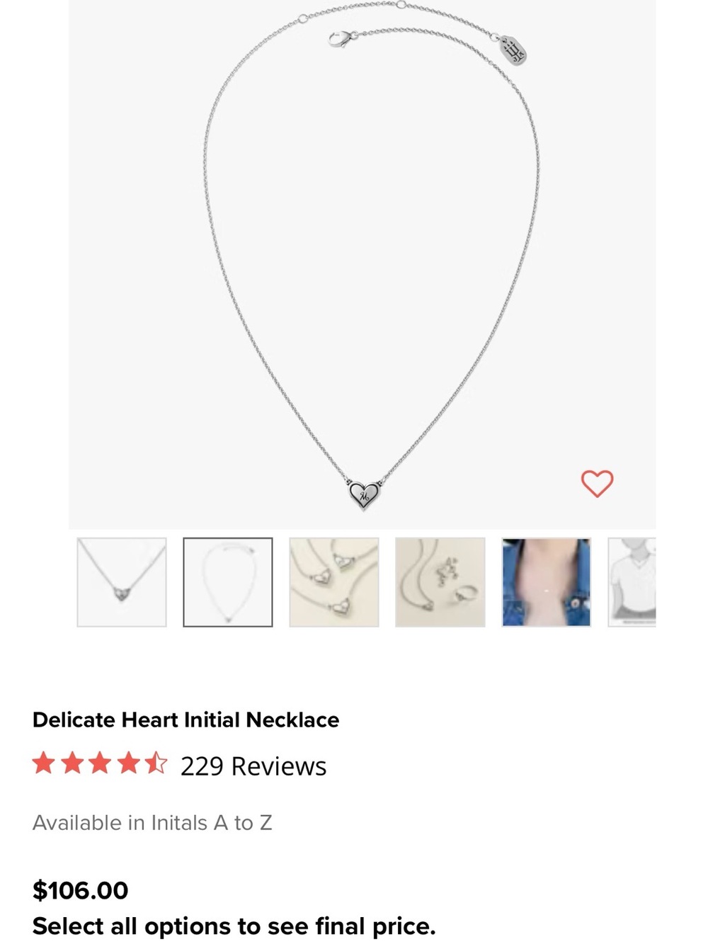 James Avery Silver Heart Initial Pendant Necklace